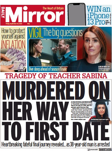 Daily Mirror Newspaper Front Page (UK) for 24 September 2021