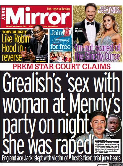 Daily Mirror Newspaper Front Page (UK) for 24 September 2022