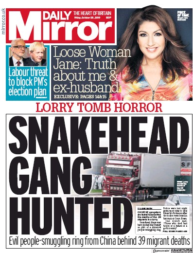 Daily Mirror Newspaper Front Page (UK) for 25 October 2019
