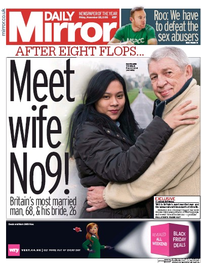 Daily Mirror Newspaper Front Page (UK) for 25 November 2016