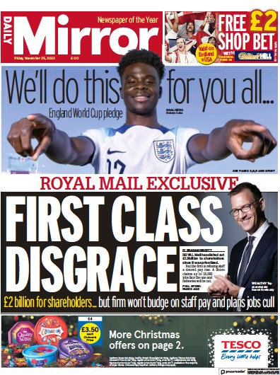 Daily Mirror Newspaper Front Page (UK) for 25 November 2022