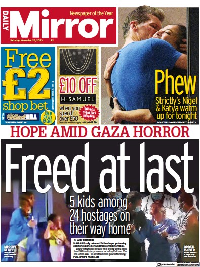 Daily Mirror Newspaper Front Page (UK) for 25 November 2023
