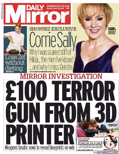 Daily Mirror Newspaper Front Page (UK) for 25 January 2016