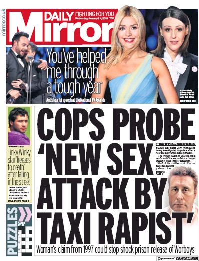 Daily Mirror Newspaper Front Page (UK) for 25 January 2018