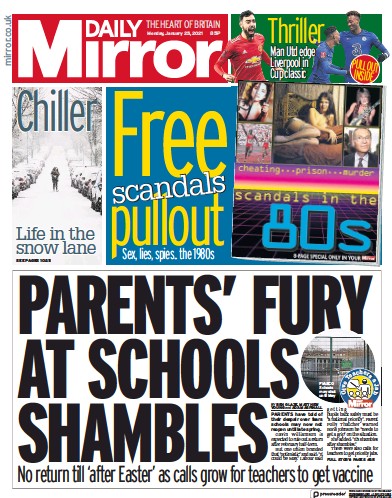 Daily Mirror Newspaper Front Page (UK) for 25 January 2021