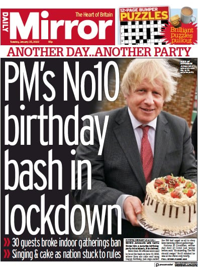 Daily Mirror Newspaper Front Page (UK) for 25 January 2022