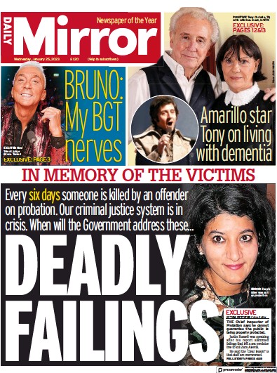 Daily Mirror Newspaper Front Page (UK) for 25 January 2023