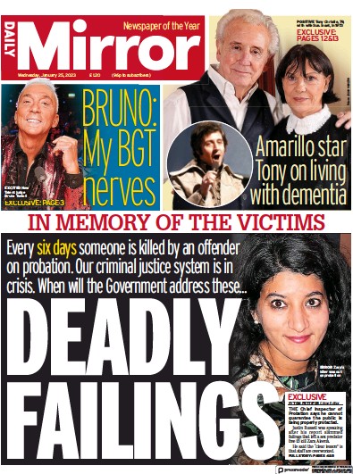 Daily Mirror Newspaper Front Page (UK) for 25 January 2023