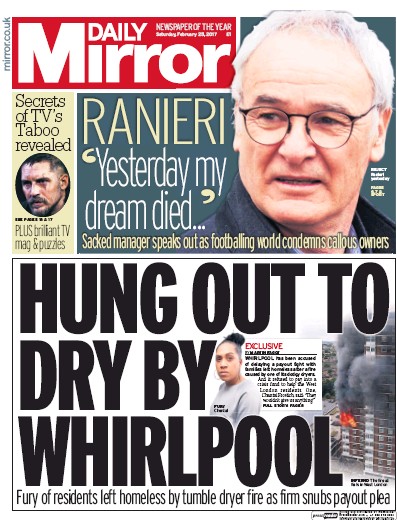 Daily Mirror Newspaper Front Page (UK) for 25 February 2017