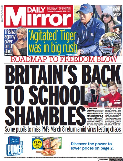 Daily Mirror Newspaper Front Page (UK) for 25 February 2021