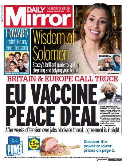 Daily Mirror Newspaper Front Page (UK) for 25 March 2021