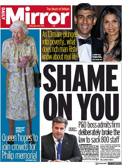 Daily Mirror Newspaper Front Page (UK) for 25 March 2022