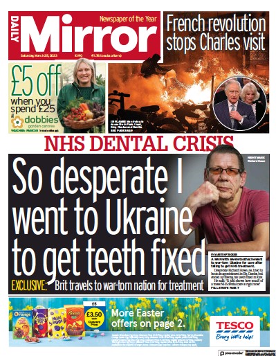 Daily Mirror Newspaper Front Page (UK) for 25 March 2023