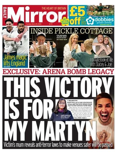 Daily Mirror Newspaper Front Page (UK) for 25 March 2025