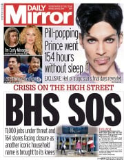 Daily Mirror (UK) Newspaper Front Page for 25 April 2016