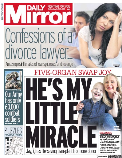 Daily Mirror Newspaper Front Page (UK) for 25 April 2018