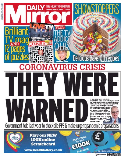 Daily Mirror Newspaper Front Page (UK) for 25 April 2020