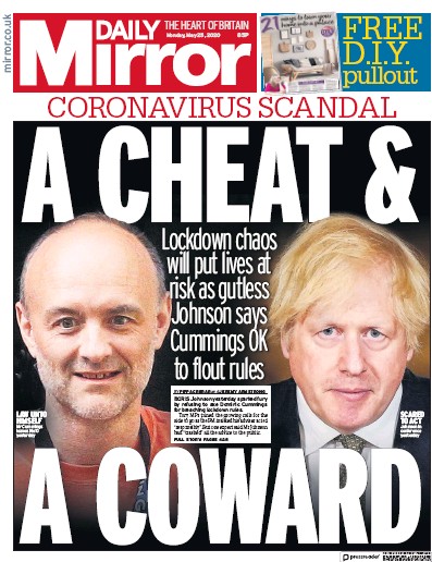 Daily Mirror Newspaper Front Page (UK) for 25 May 2020