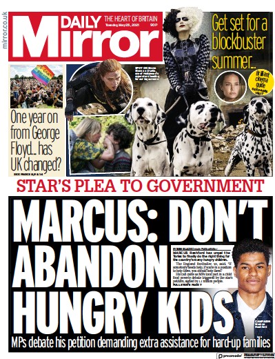Daily Mirror Newspaper Front Page (UK) for 25 May 2021