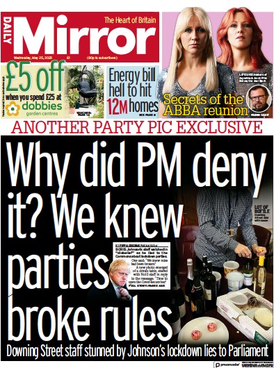 Daily Mirror Newspaper Front Page (UK) for 25 May 2022