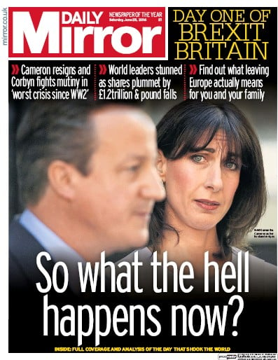 Daily Mirror Newspaper Front Page (UK) for 25 June 2016