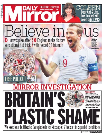 Daily Mirror Newspaper Front Page (UK) for 25 June 2018