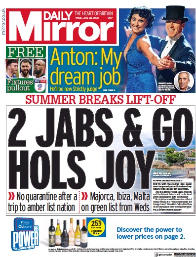 Daily Mirror Newspaper Front Page (UK) for 25 June 2021