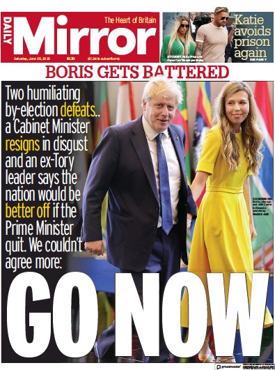 Daily Mirror Newspaper Front Page (UK) for 25 June 2022
