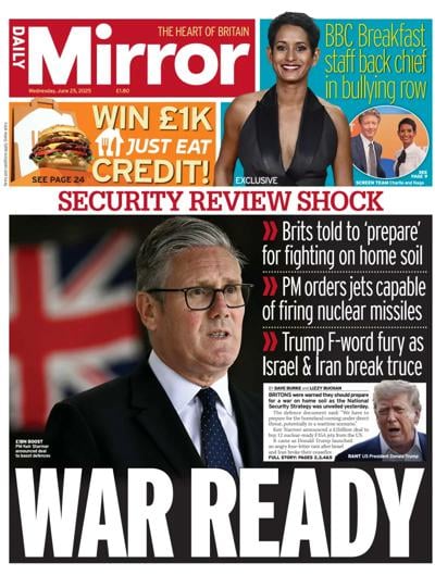 Daily Mirror Newspaper Front Page (UK) for 25 June 2025