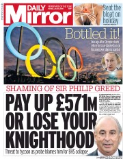 Daily Mirror (UK) Newspaper Front Page for 25 July 2016