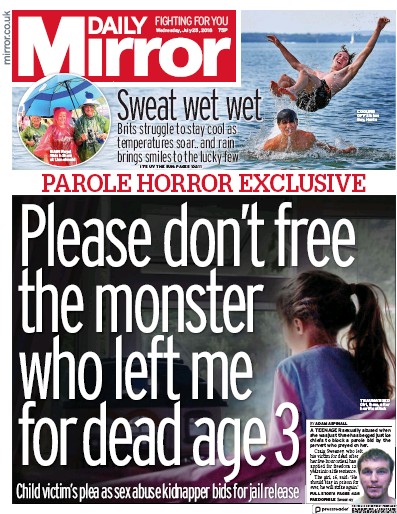 Daily Mirror Newspaper Front Page (UK) for 25 July 2018