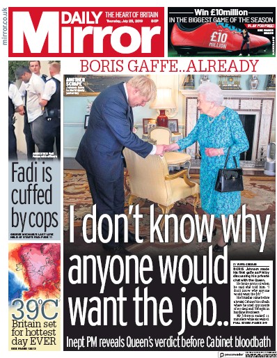 Daily Mirror Newspaper Front Page (UK) for 25 July 2019