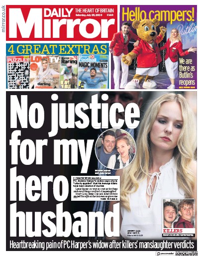 Daily Mirror Newspaper Front Page (UK) for 25 July 2020