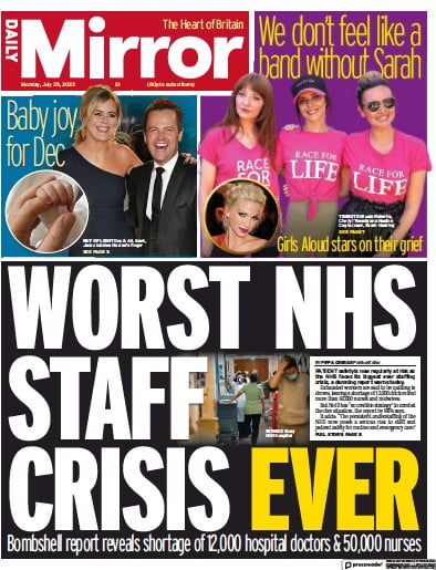 Daily Mirror Newspaper Front Page (UK) for 25 July 2022
