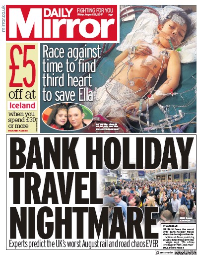 Daily Mirror Newspaper Front Page (UK) for 25 August 2017