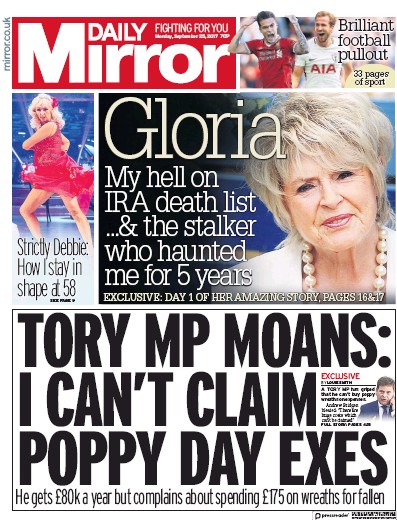 Daily Mirror Newspaper Front Page (UK) for 25 September 2017
