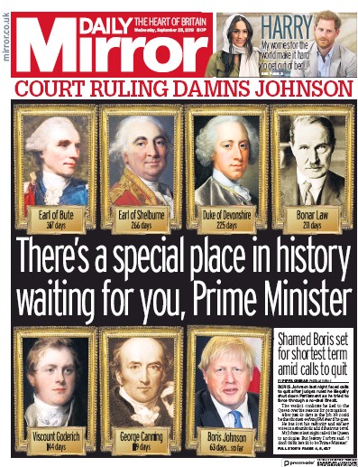 Daily Mirror Newspaper Front Page (UK) for 25 September 2019