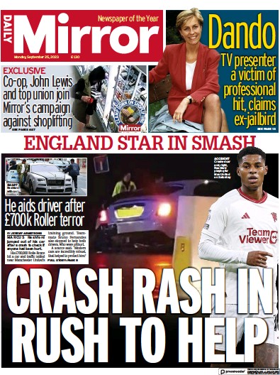 Daily Mirror Newspaper Front Page (UK) for 25 September 2023