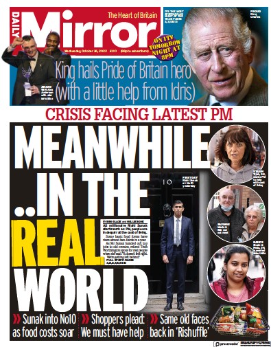 Daily Mirror Newspaper Front Page (UK) for 26 October 2022