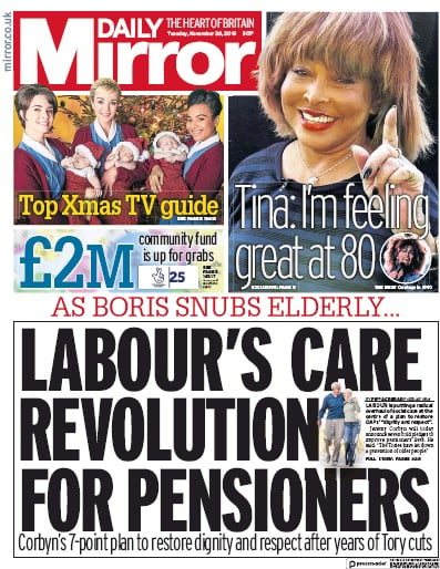 Daily Mirror Newspaper Front Page (UK) for 26 November 2019