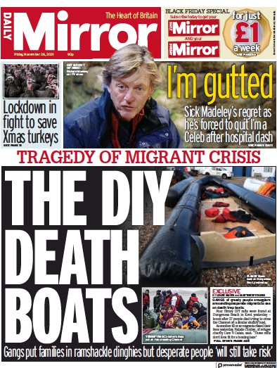 Daily Mirror Newspaper Front Page (UK) for 26 November 2021