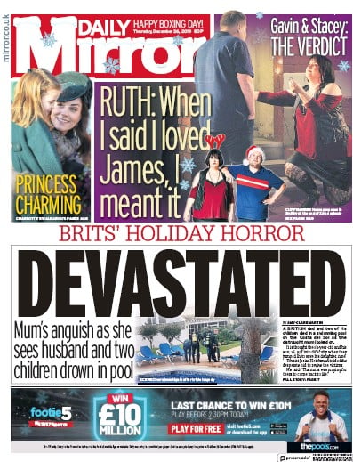 Daily Mirror Newspaper Front Page (UK) for 26 December 2019