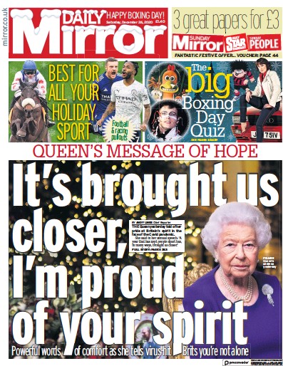 Daily Mirror Newspaper Front Page (UK) for 26 December 2020