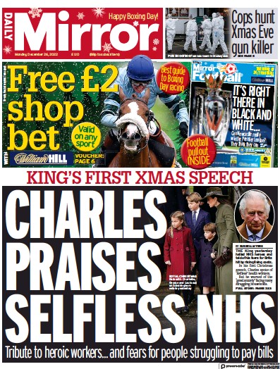Daily Mirror Newspaper Front Page (UK) for 26 December 2022