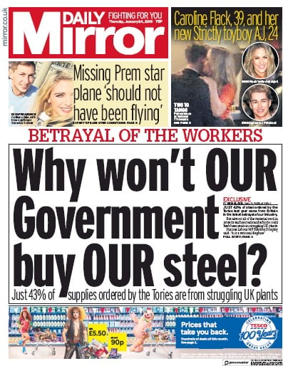 Daily Mirror Newspaper Front Page (UK) for 26 January 2019