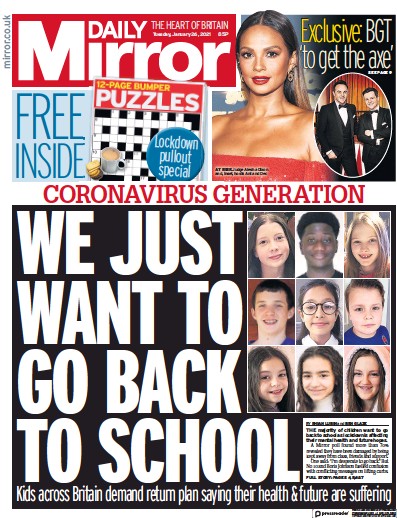 Daily Mirror Newspaper Front Page (UK) for 26 January 2021