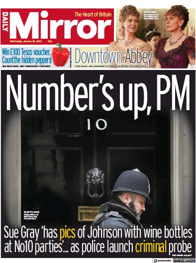 Daily Mirror Newspaper Front Page (UK) for 26 January 2022