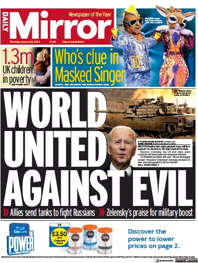 Daily Mirror Newspaper Front Page (UK) for 26 January 2023