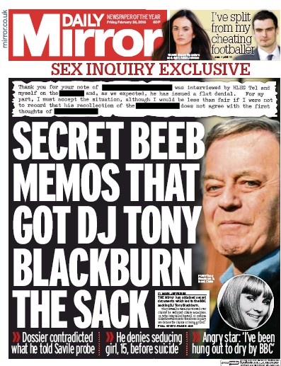 Daily Mirror Newspaper Front Page (UK) for 26 February 2016