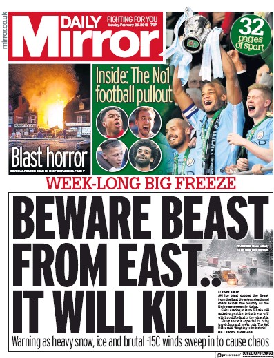 Daily Mirror Newspaper Front Page (UK) for 26 February 2018